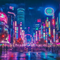 ネオンの光が輝くサイバーパンク風の都市夜景の写真