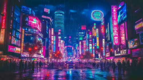 ネオンの光が輝くサイバーパンク風の都市夜景