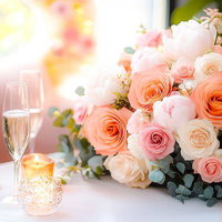 フラワーアレンジメントとシャンパンが飾るウェディングテーブルコーディネートの写真