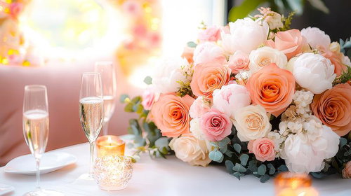 フラワーアレンジメントとシャンパンが飾るウェディングテーブルコーディネート