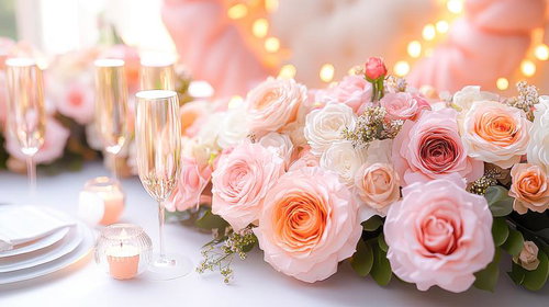 ピンク色の薔薇の花とシャンパングラスのテーブルセッティング