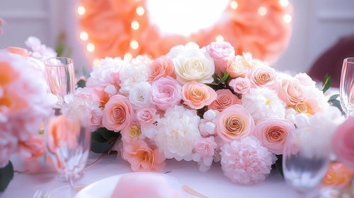 ピンク×白のバラと芍薬で彩るテーブルコーディネート