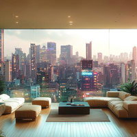 高層ビル群を一望するラグジュアリーなリビングルームの写真