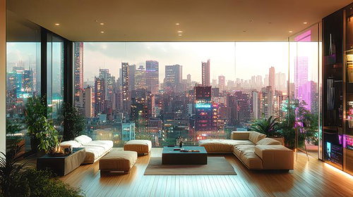 高層ビル群を一望するラグジュアリーなリビングルーム