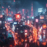 雨に濡れた夜景とネオン街が光る未来都市風の風景の写真