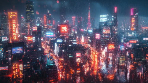雨に濡れた夜景とネオン街が光る未来都市風の風景