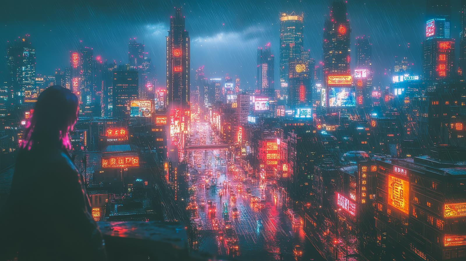 ネオンに染まる仮想都市の夜景を眺める人影