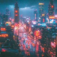 サイバーパンク風の仮想都市を眺める人影と夜景の写真