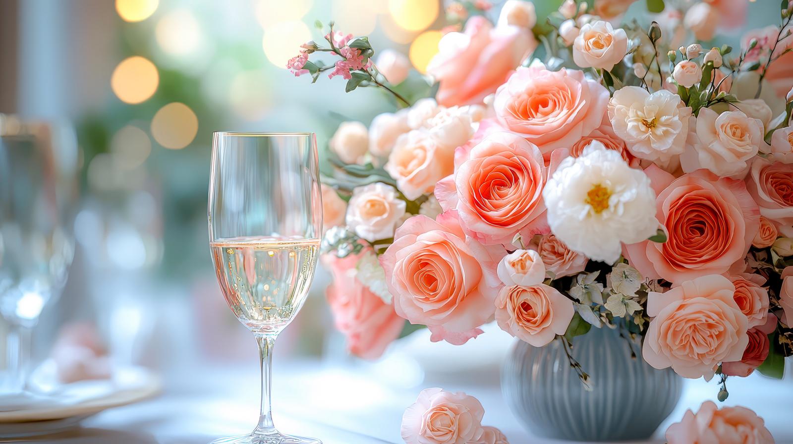 オレンジと白のバラとシャンパングラスのテーブルデコレーション