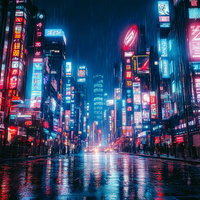 雨に映る無数のネオンが照らすサイバーパンク風の近未来都市の写真