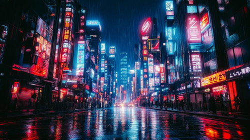 雨に映る無数のネオンが照らすサイバーパンク風の近未来都市