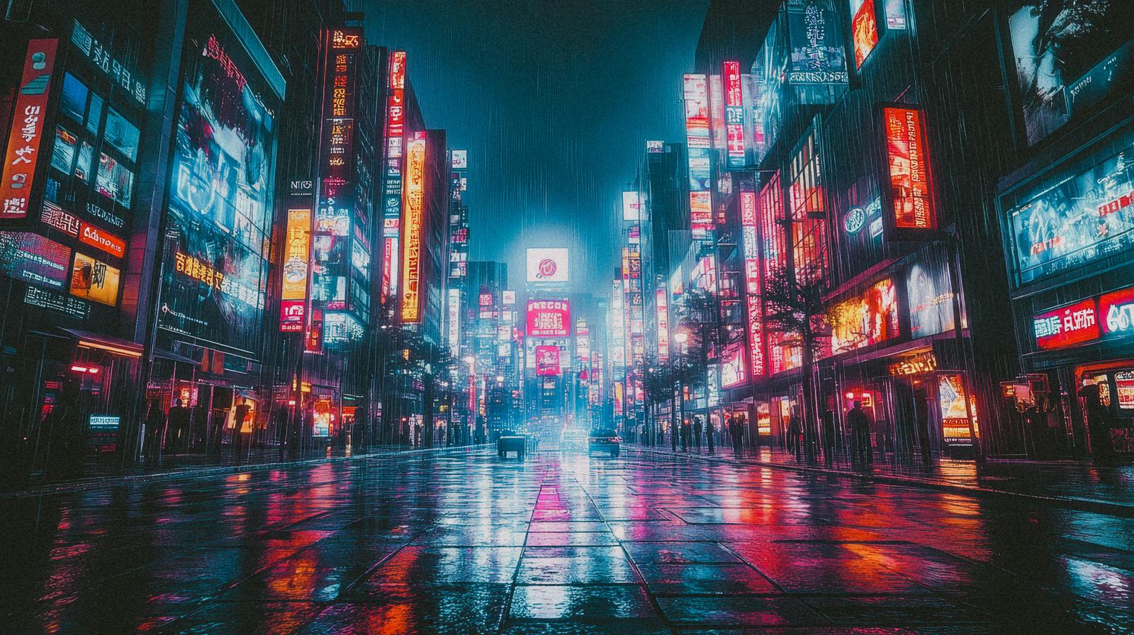 雨に濡れた夜間の未来都市、赤と青のネオンサインが映る高層ビル群