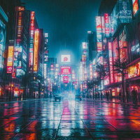 雨に濡れた街路に映えるネオンと高層ビルが描く未来都市の写真