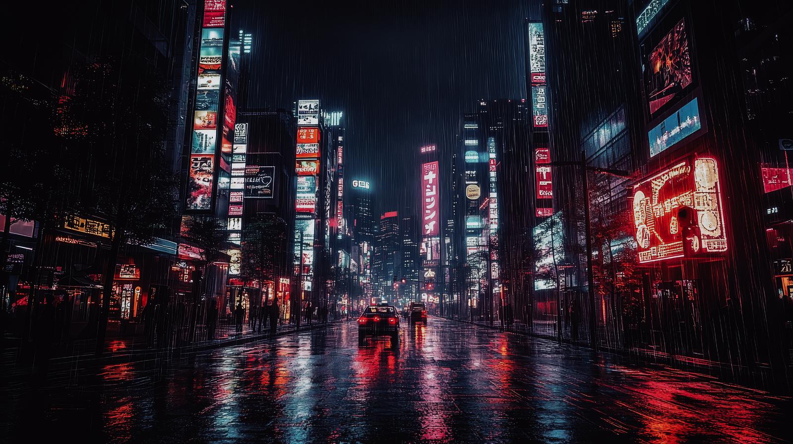 ネオン看板が輝く雨の夜間都市風景。赤と青のライトが高層ビルを照らし、街路には光の軌跡が見える