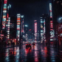 雨降る闇夜に浮かぶネオンサイバーパンク都市の写真