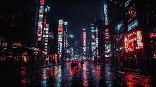 雨降る闇夜に浮かぶネオンサイバーパンク都市