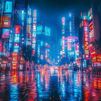 雨が降るサイバーパンクな繁華街の夜景 ネオン光が映り込むの写真