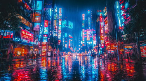 雨が降るサイバーパンクな繁華街の夜景 ネオン光が映り込む