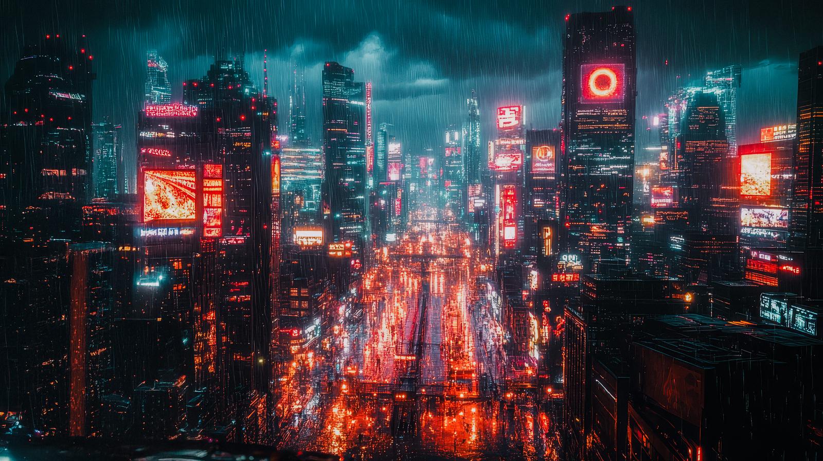 雨で濡れたモノクロの未来都市の夜景に赤いネオンが反射する街並み