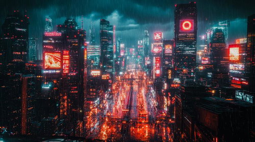 雨に濡れた未来都市の夜を彩るモノクロームの世界に浮かぶネオンの赤い光