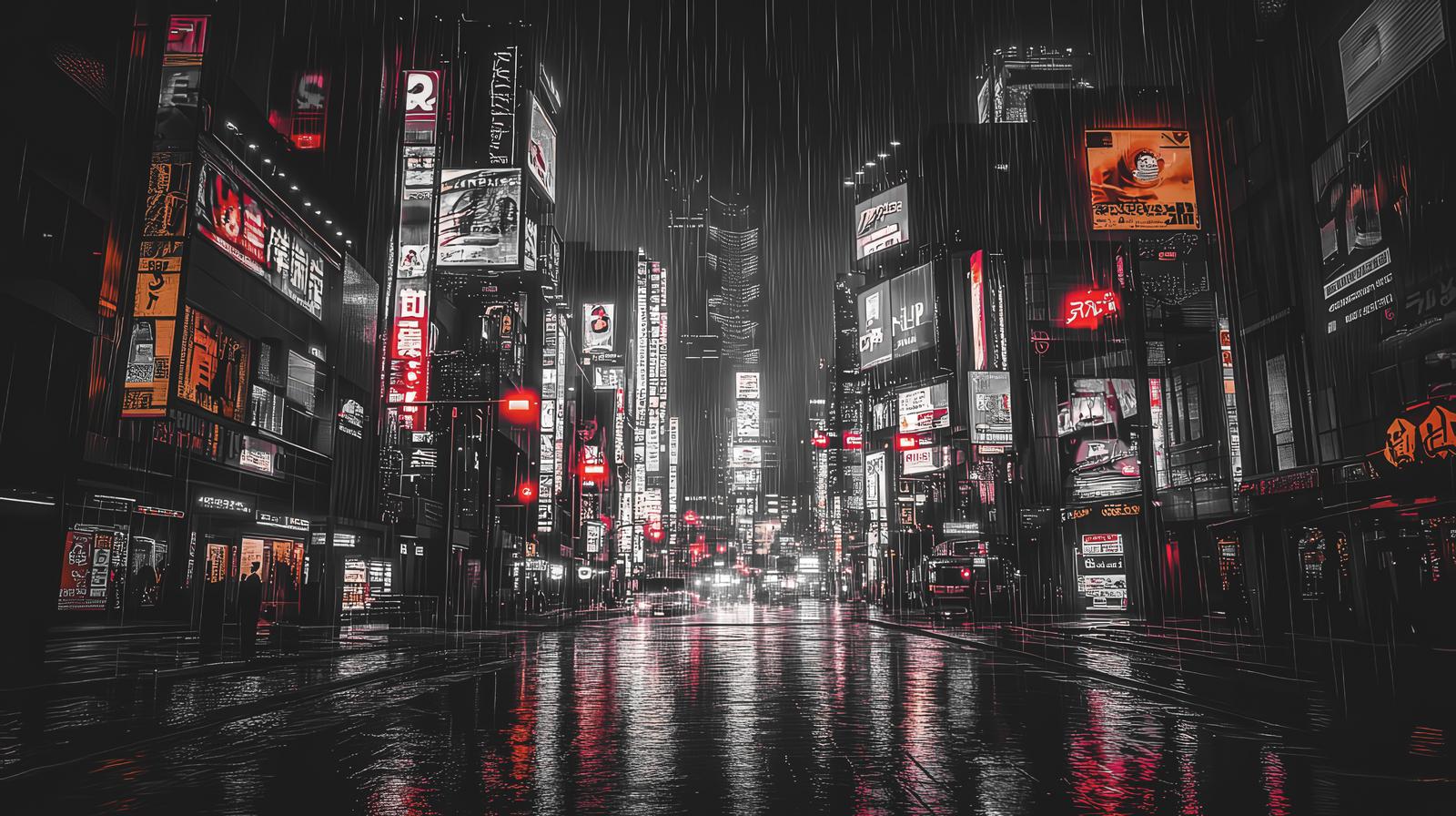 赤とピンク、青のネオン光に彩られた未来都市風の夜景、雨に映る光の反射