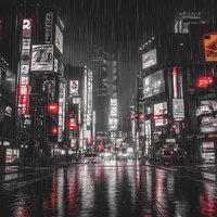 近未来の都市夜景に広がるネオンの輝きと雨に映る光の反射の写真
