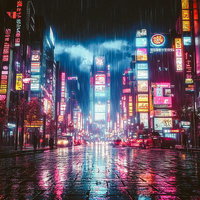 近未来の都市に広がるネオンの光と雨の夜の写真