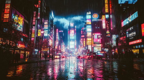 近未来の都市に広がるネオンの光と雨の夜