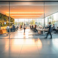 開放感ある大企業のオフィス、オレンジ色に照らされた執務スペースの写真