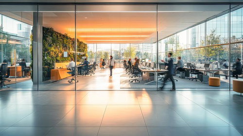 開放感ある大企業のオフィス、オレンジ色に照らされた執務スペース