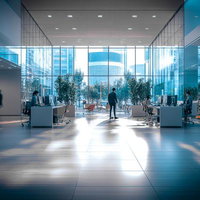 ガラス張りの開放感あるモダンオフィス空間の写真