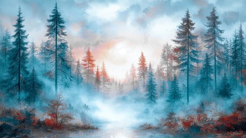 冬景色の霧が深い樹海から見える朝日と針葉樹林