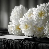 白い菊の法事・葬儀用の供花 黒い布に並べた黄色い花芯の生花の写真