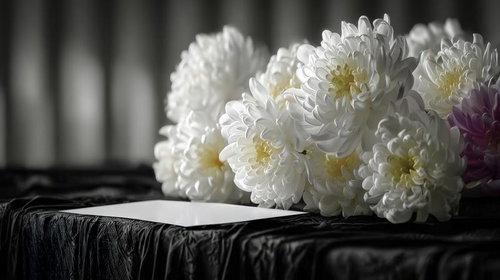 白い菊の法事・葬儀用の供花 黒い布に並べた黄色い花芯の生花