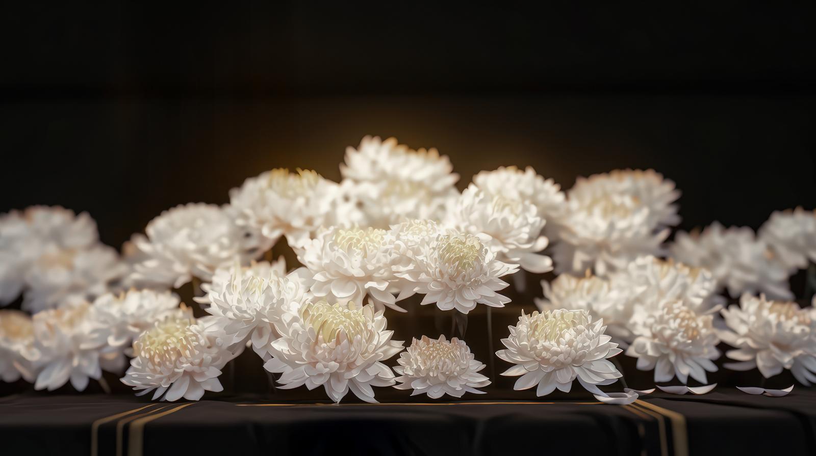 暗い背景に並ぶ白菊の供花を正面から捉えたAI画像