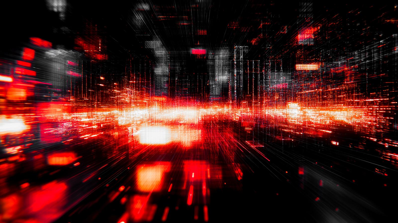 オレンジと青緑のネオン色が交差する仮想空間のデータネットワーク