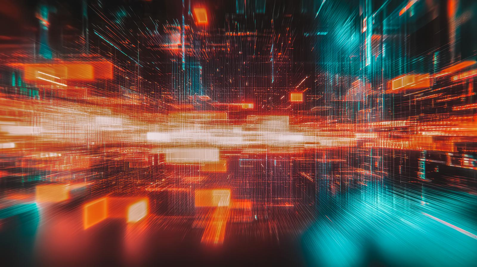 仮想空間に放射状に広がる光の線とブロック