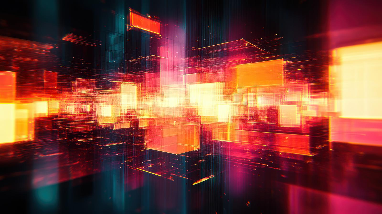 Orange and pink glowing 3D cubes floating in a digital space