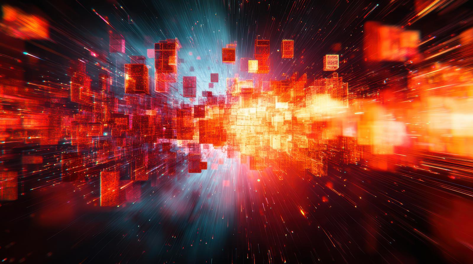 3D space with transparent cubes pierced by orange and pink light beams