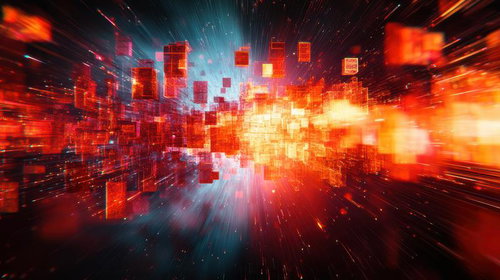 赤とオレンジに輝く立方体のバーチャル空間