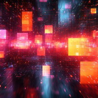 赤とオレンジに輝く立方体のバーチャル空間のAI画像