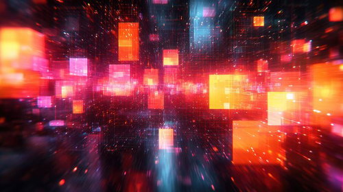 オレンジと青のピクセルブロックが飛び交うデジタル空間