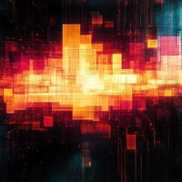 オレンジと青のピクセルブロックが飛び交うデジタル空間のAI画像