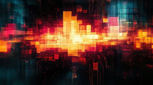 炎色に光るピクセルブロックのデジタル爆発エフェクト