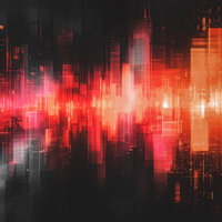 赤いデータの摩天楼が築く未来の写真