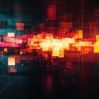 赤と青の立方体が爆発的に放射するデジタル空間の写真