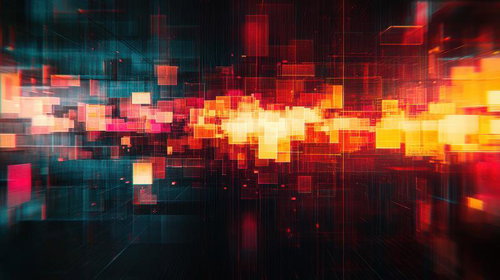 赤と青の立方体が爆発的に放射するデジタル空間