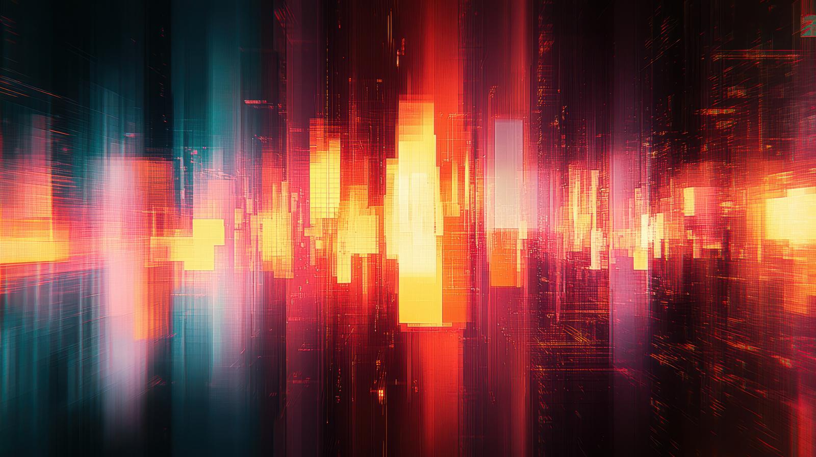 Digital space with red and blue cubes explosively radiating from the center