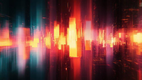 ブルーからオレンジのグラデーション光線が織りなすデジタル世界