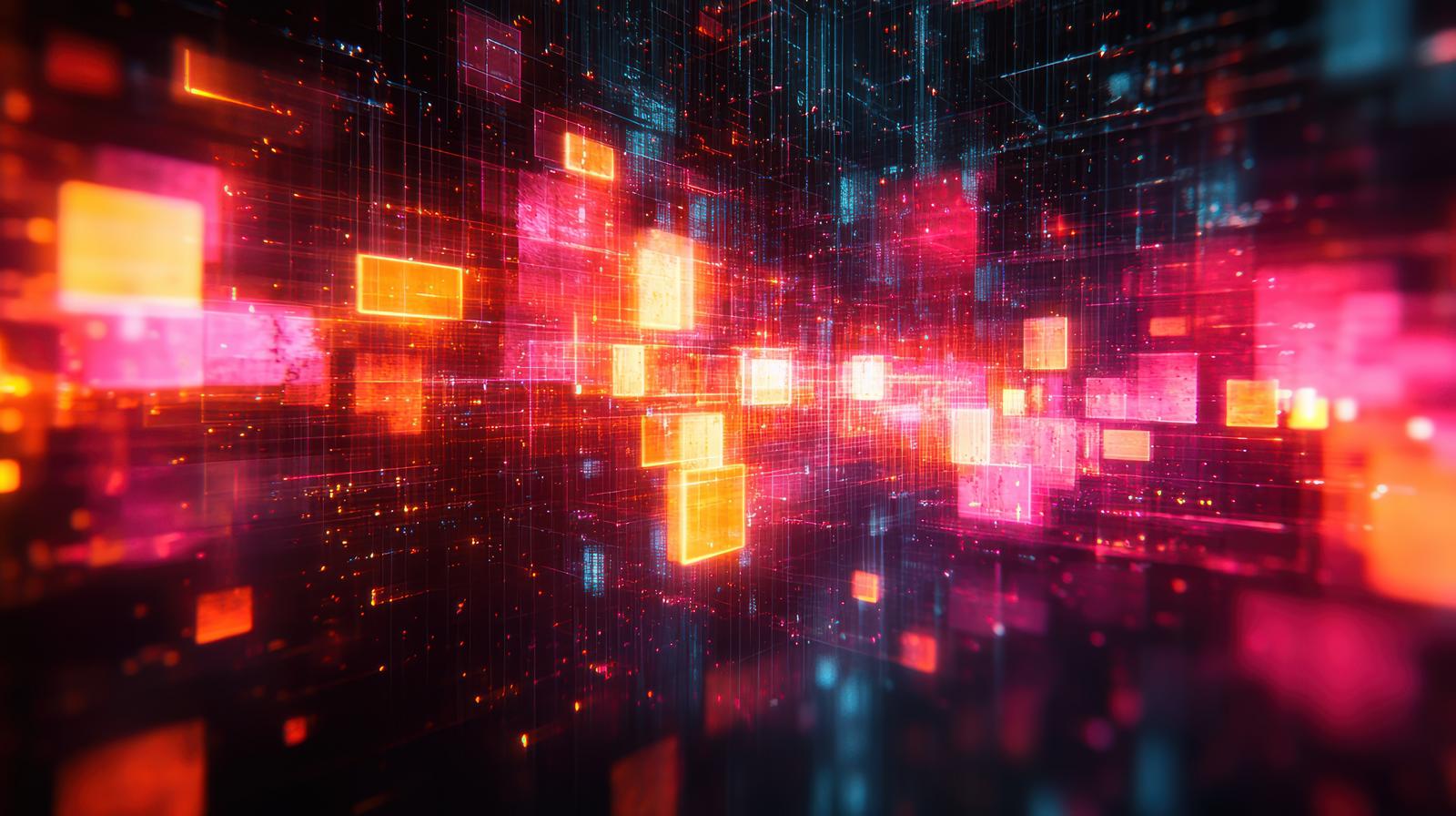 Cyberpunk-style digital city with intersecting orange and blue light rays